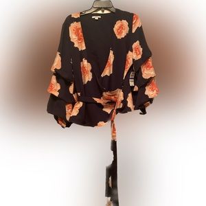 Navy and coral wrap blouse XL -NWT